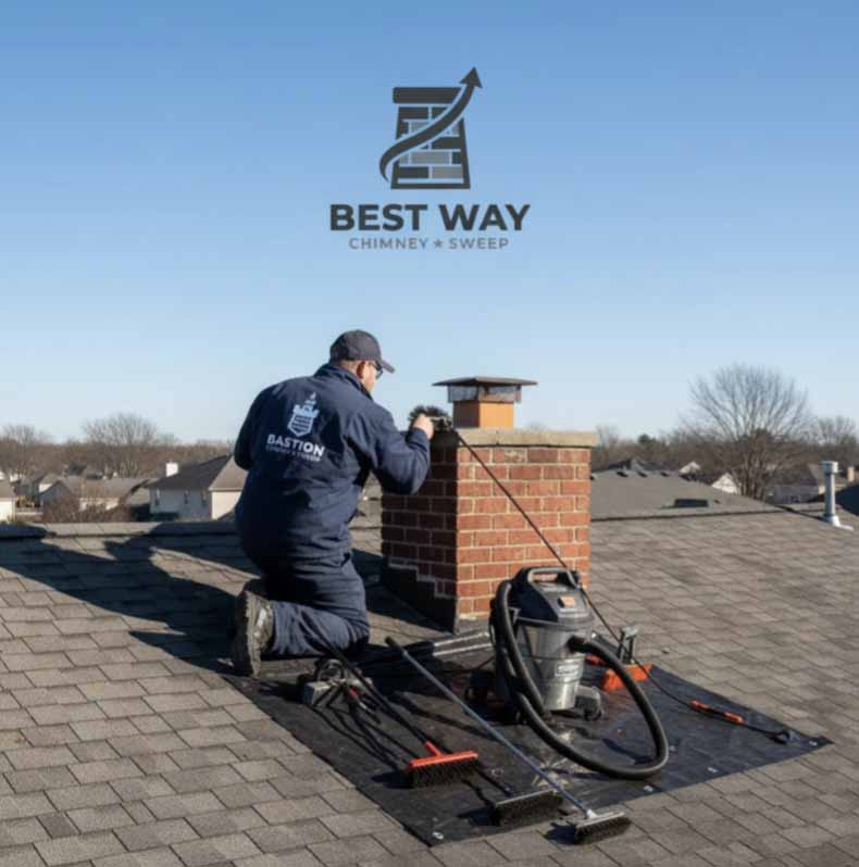 Professional chimney sweep technician working on roof